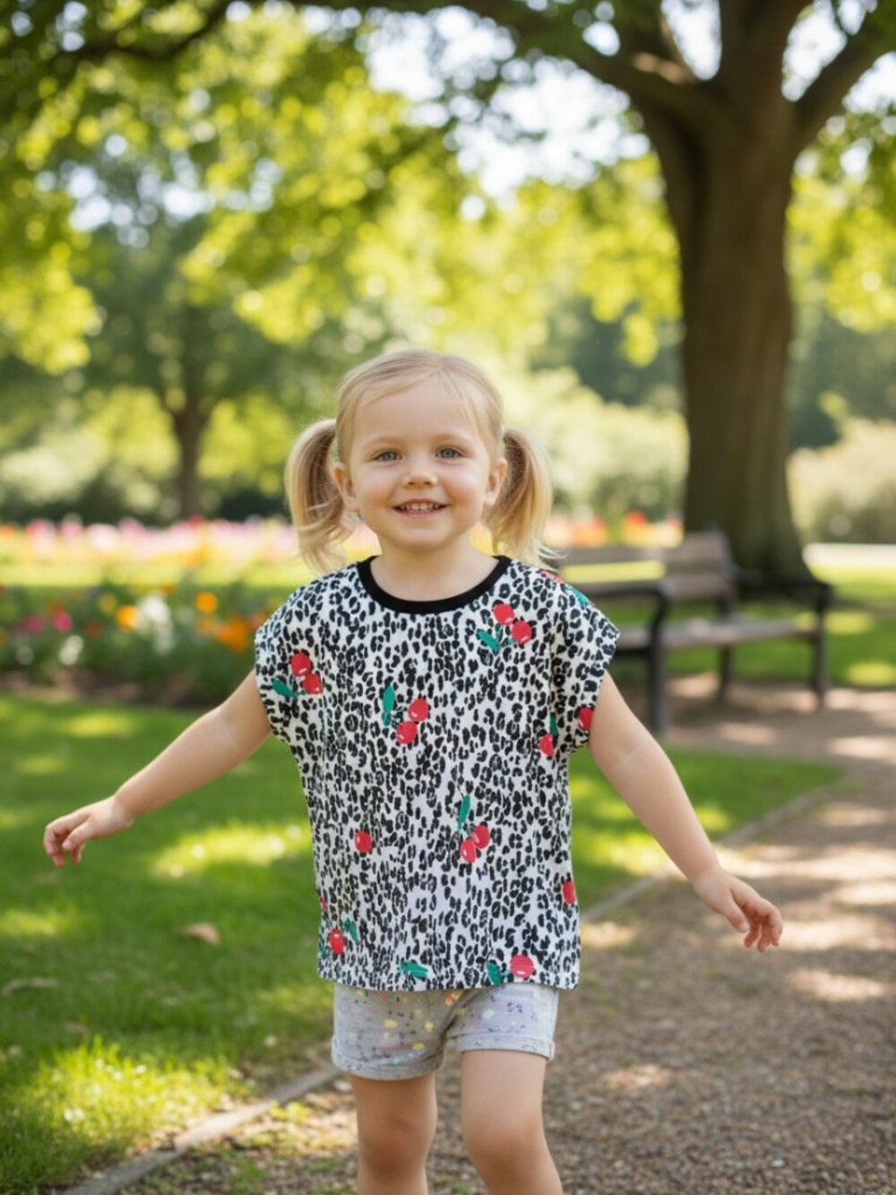 Rockets of Awesome Girls Top Size 5 White Black Leopard Red Cherry Print Tee